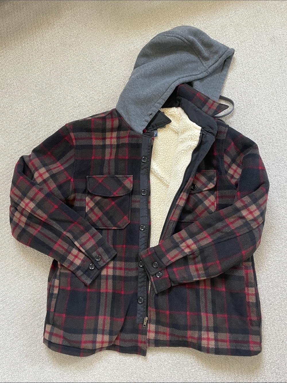 Plaid Sherpa-Lined Hooded Shirt Jacket - Black & Red